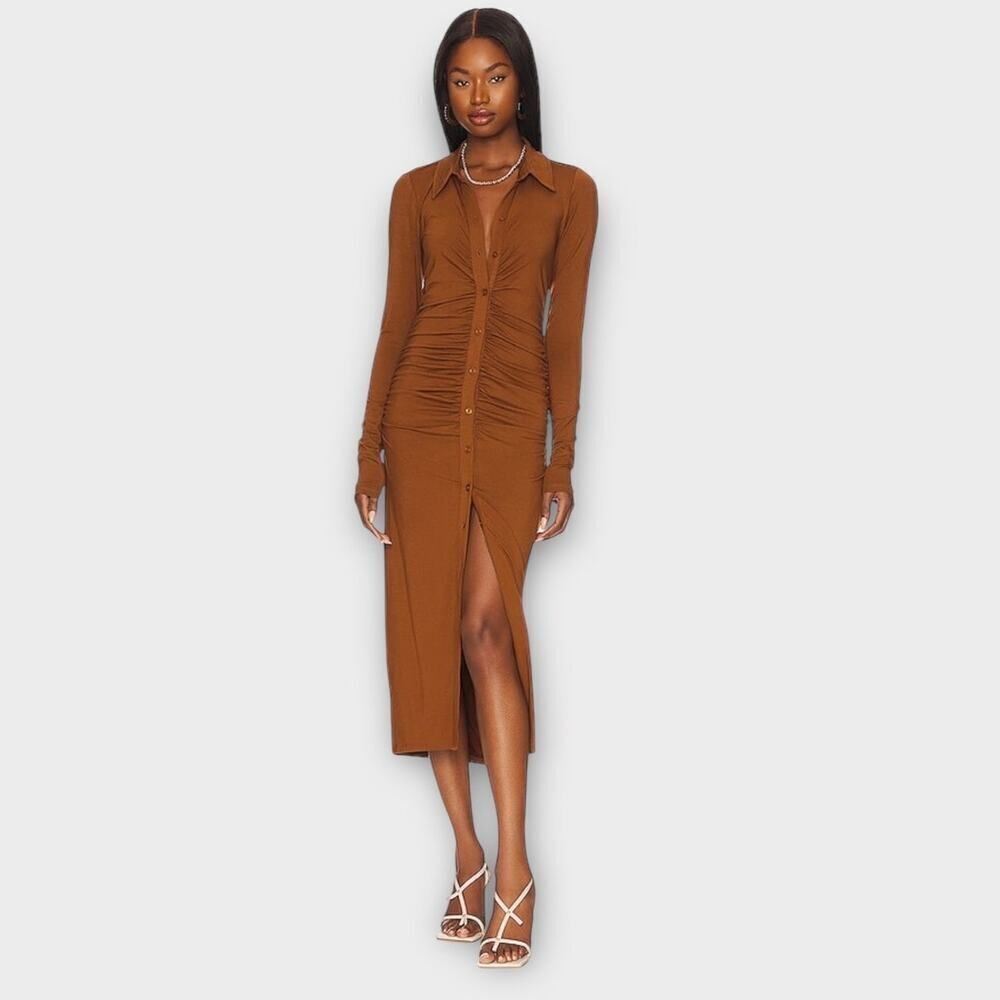Good American Good Touch Button Front Midi Dress Women's 1/Small Brown Ruched